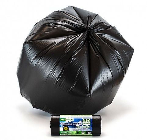 Мешки для мусора 60 литров, 20 мкм, ПСД, в рулоне 20 штук, 60х70 см, черные, прочные, Мирпак  - Вид 3